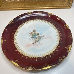 J P Limoges Cherubs With Book And Globe Gilded Red Cabinet Plate 9.5” wide